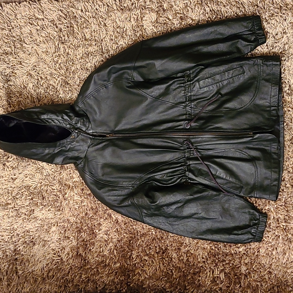 Women's Black Leather Jacket with Hood